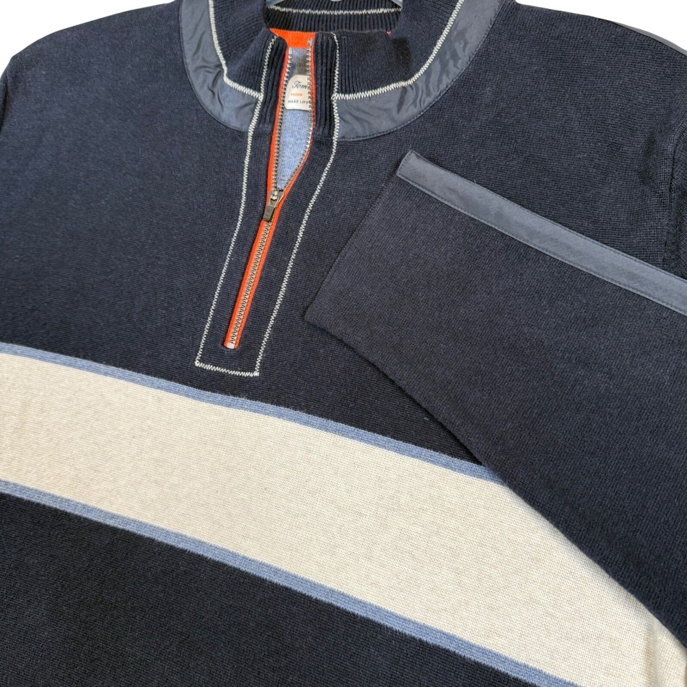 Tommy Bahama Mens XL 1/4 Zip Pullover Cotton Sweater Navy Blue Stripe